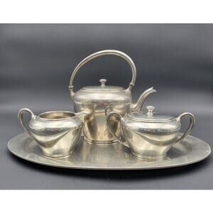 Vintage Pewter WALLACE Tea pot with sugar bowl and creamer RARE